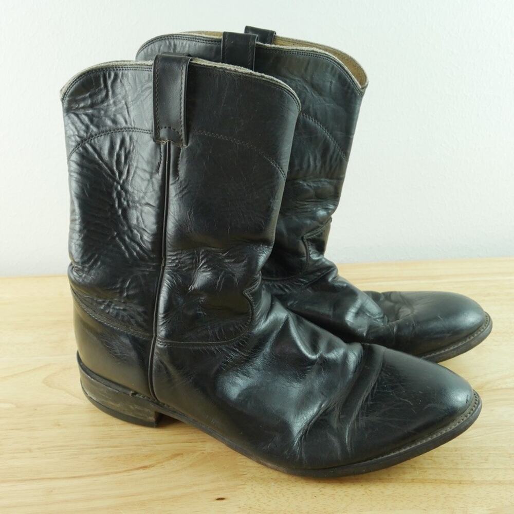 Justin Roper Boots Men's 13‎ EEE Black Leather Western Boots USA Vintage Cowboy